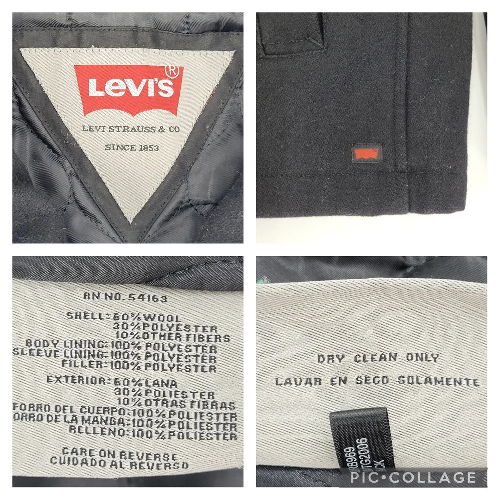 Levi's Coat Black Wool Blend Full Zip Pockets Collar Quilted Lined Mens Size XL